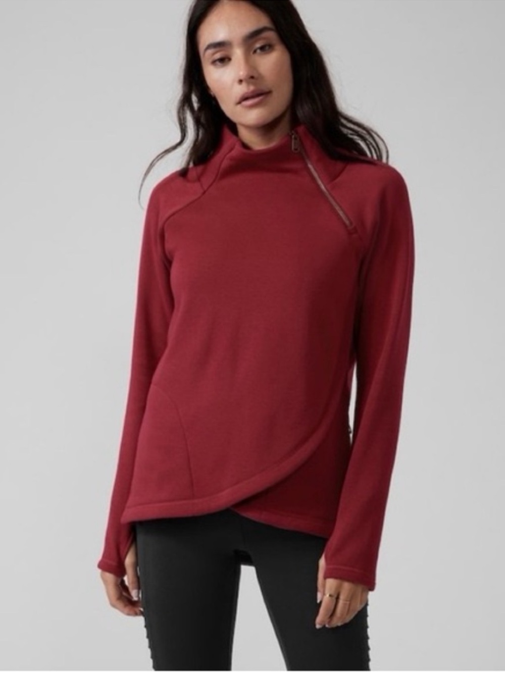 Athleta Cozy Karma Asymmetrical Zip High-Neck Pullover Burgundy Maroon